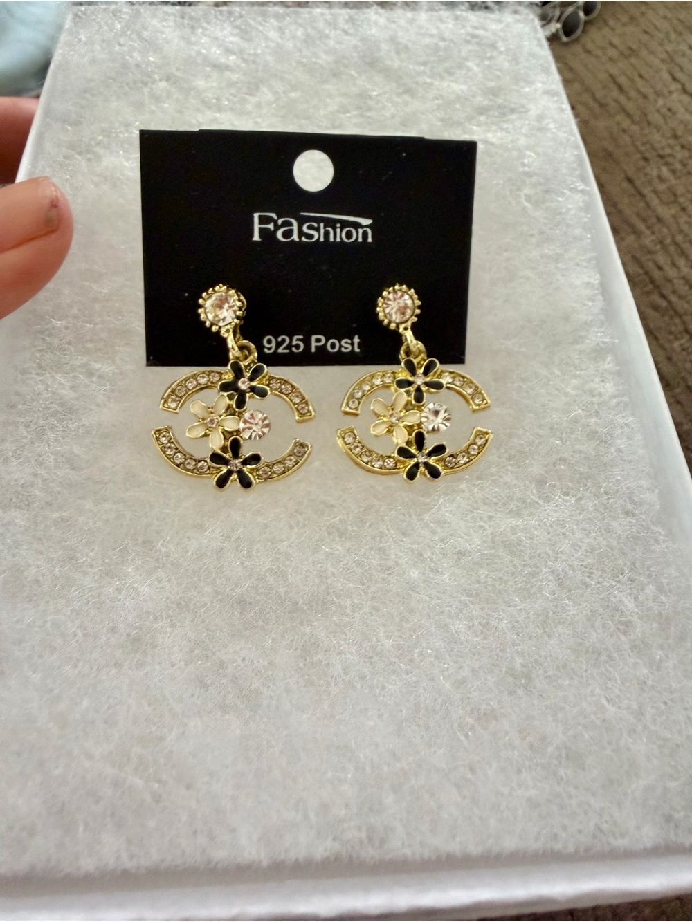 Gold Tine Floral Crystal Drop Post Earrings, black accent, Fashion Jewelry - Picture 4 of 8